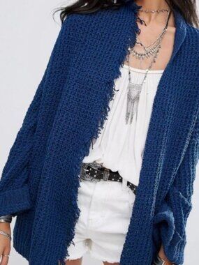 Free People I'll Be Around Silk Blend Blue Knit Oversized Cardigan - MEDIUM